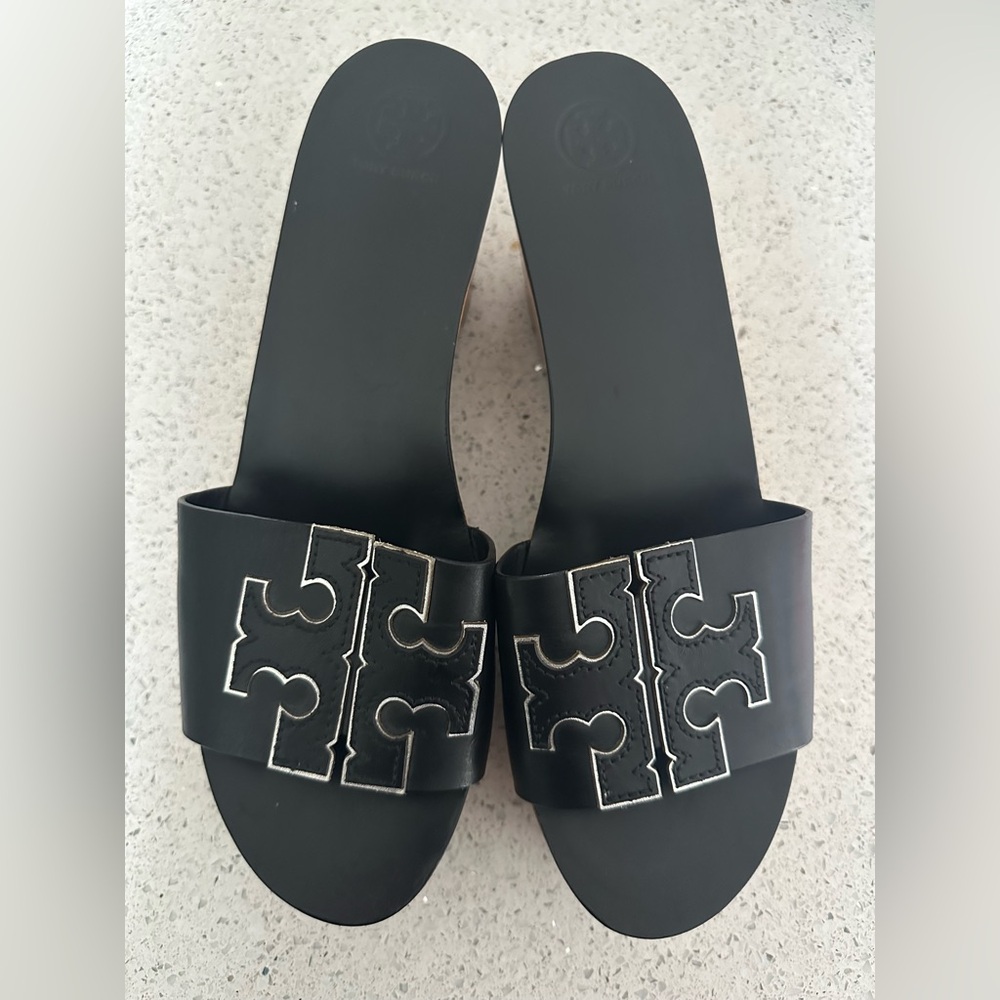Tory Burch Black Slide Wedge Wood Sandals